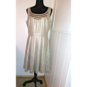 PARTY DRESS Tahari ARTHUR LEVINE dress Sz M gold fit flare pleated embroidered
